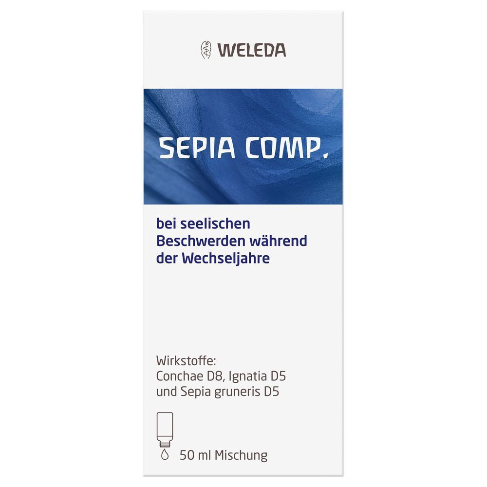 Verpackung mit Aufschrift: SEPIA COMP. bei seelischen Beschwerden während der Wechseljahre. Enthält eine Abbildung einer Tropfflasche. Marke: WELEDA.