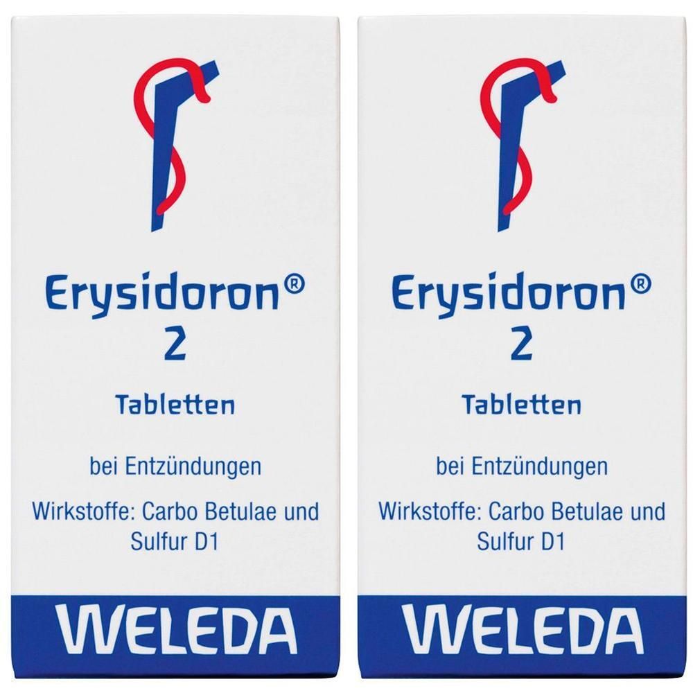 Zwei weiße Schachteln mit blauer Schrift. Aufschrift: Erysidoron 2 Tabletten, bei Entzündungen. Marke: WELEDA.