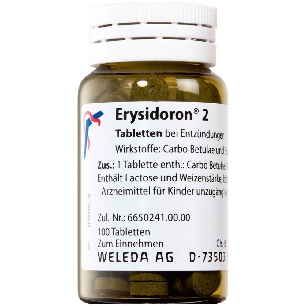 Braune Tabletten in einer Glasflasche mit weißem Deckel. Aufschrift: Erysidoron 2 Tabletten, 100 Tabletten. Marke: WELEDA.