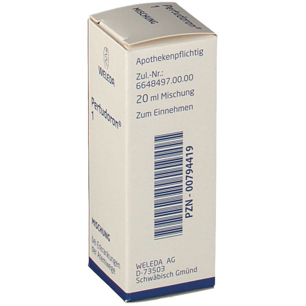 Schachtel Pertudoron® 1. Weiße Verpackung mit blauer Schrift. Weleda-Logo. Apothekenpflichtig. 20 ml Mischung. PZN-00794419.