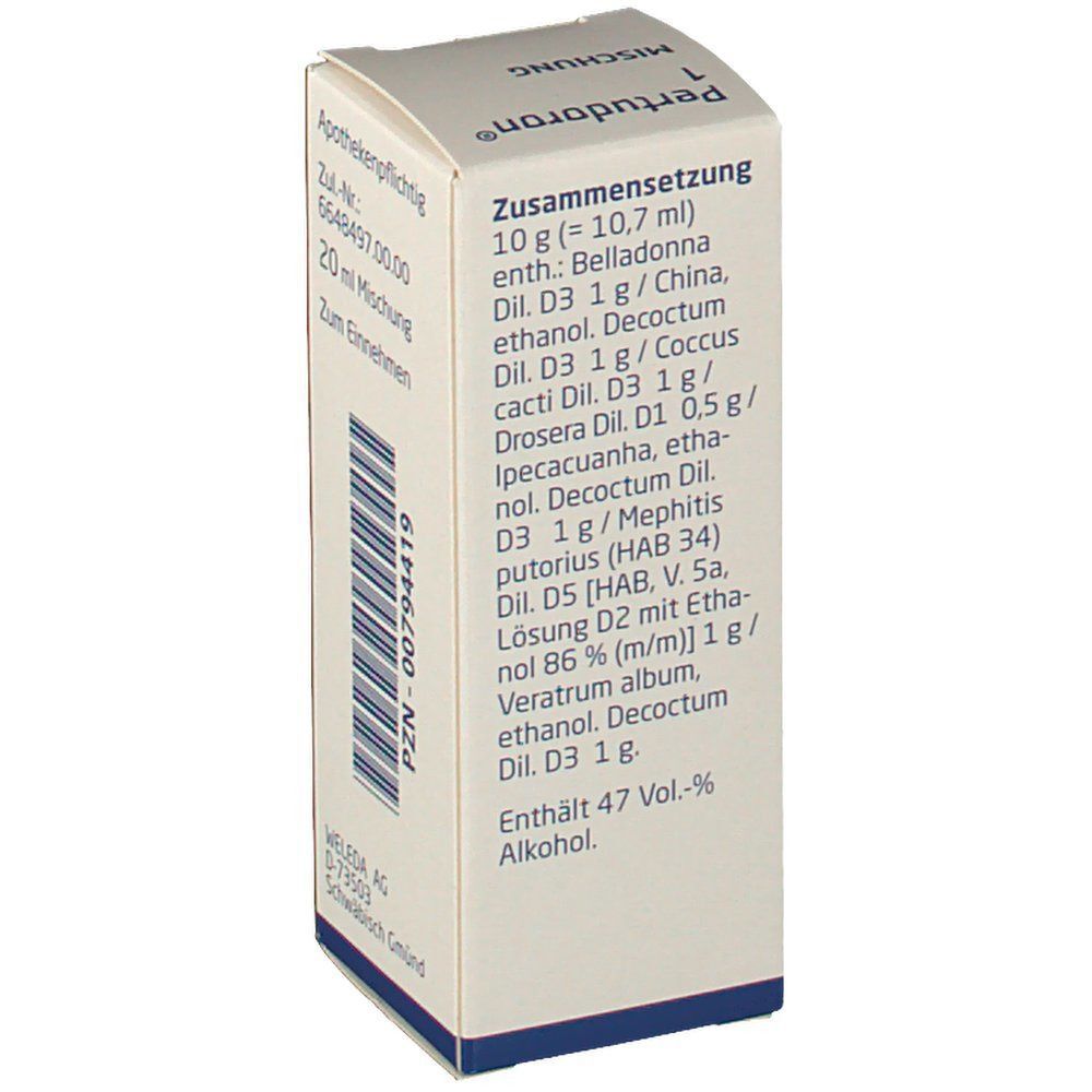 Rückseite der Pertudoron® 1 Schachtel. Auflistung der Inhaltsstoffe. Enthält 47 Vol.-% Alkohol. PZN-00794419.