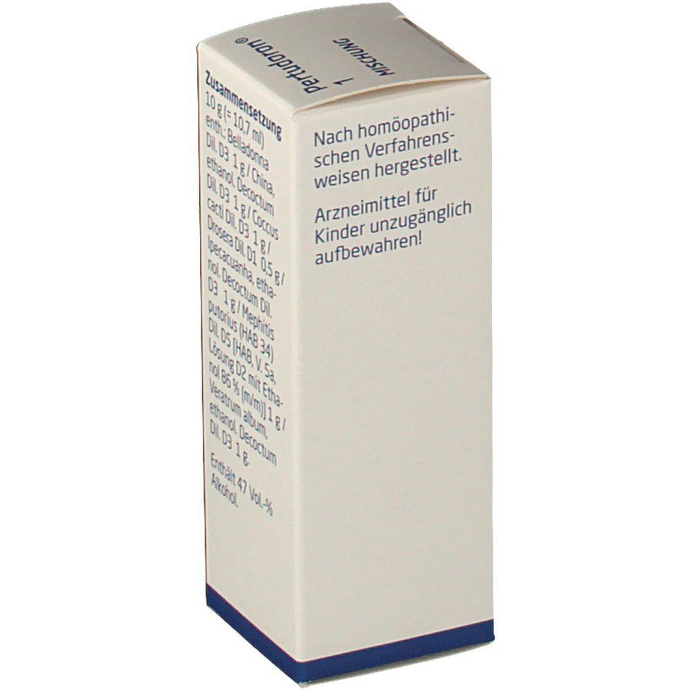 Rückseite der Pertudoron® 1 Schachtel. Text: Nach homöopathischen Verfahren hergestellt. Arzneimittel für Kinder unzugänglich aufbewahren.