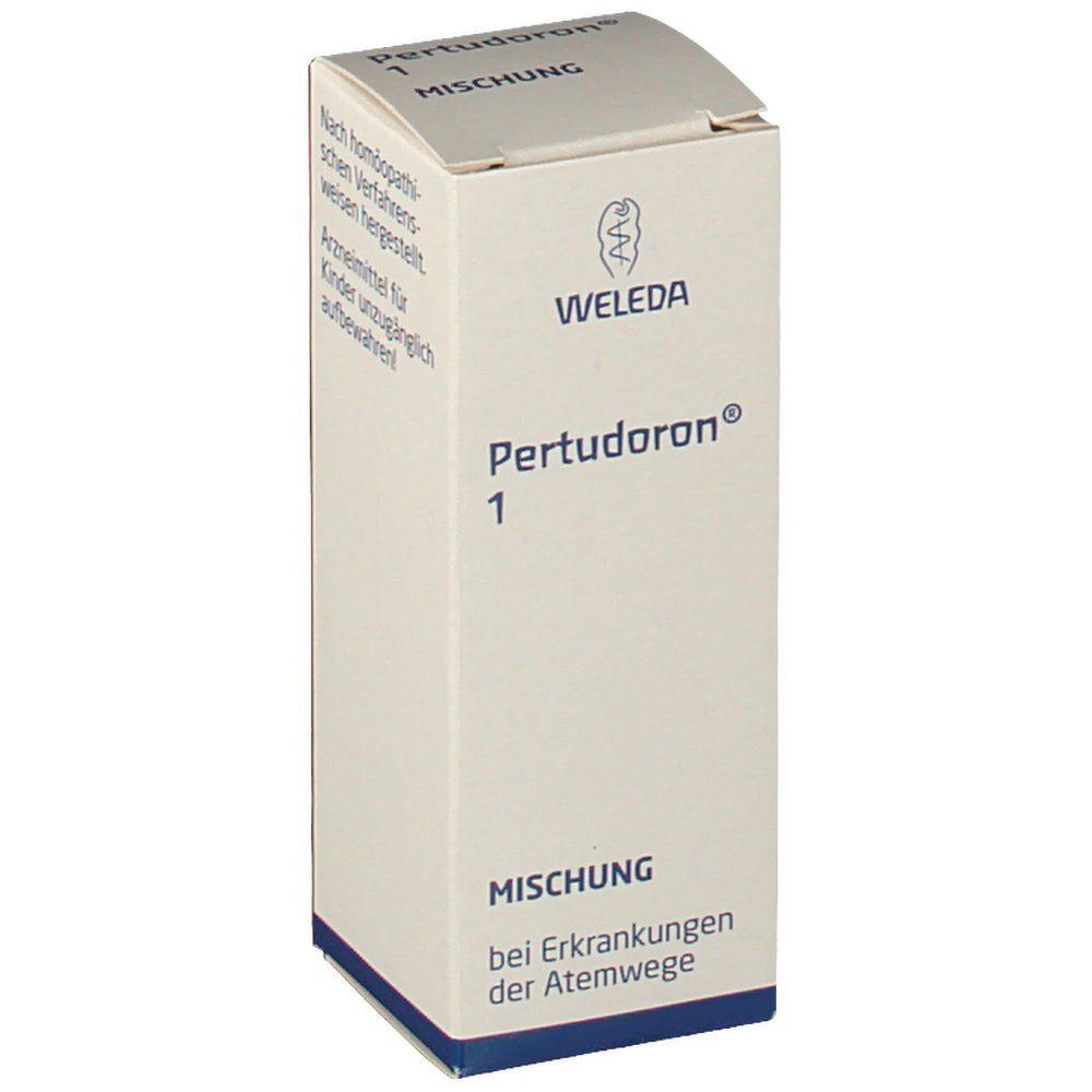 Schachtel Pertudoron® 1. Weiße Verpackung mit blauer Schrift. Weleda-Logo. Mischung bei Erkrankungen der Atemwege.