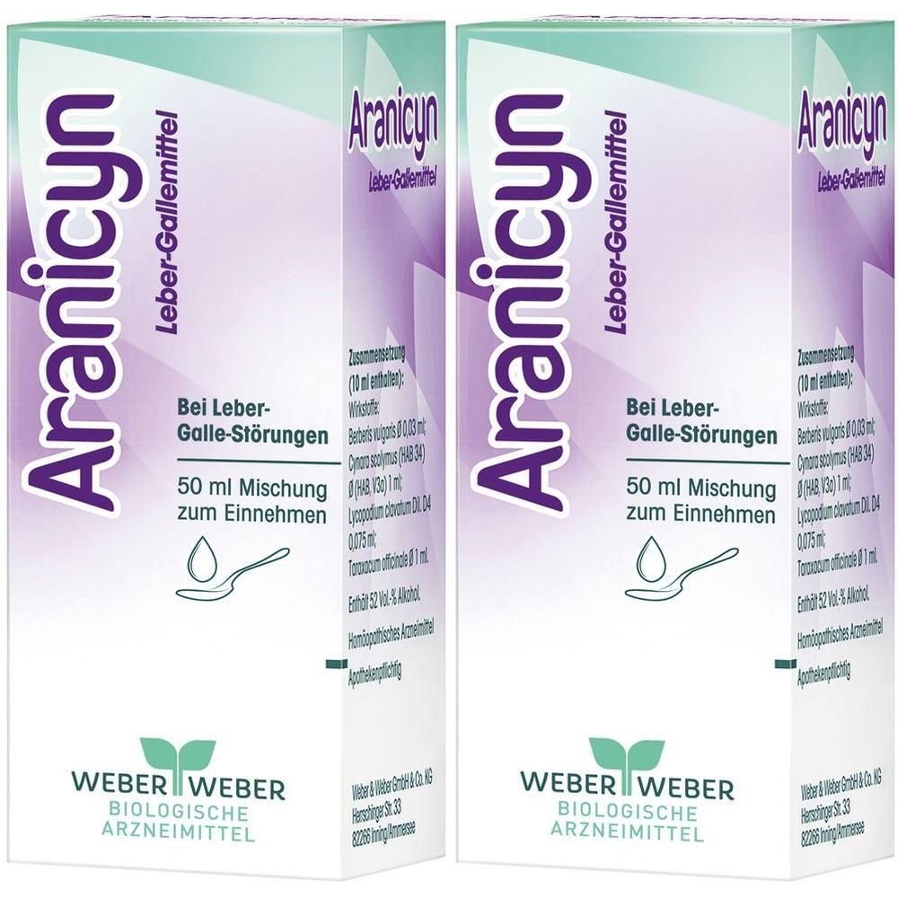 Zwei rechteckige Schachteln mit dem Produktnamen Aranicyn. Text: Bei Leber-Galle-Störungen, 50 ml Mischung zum Einnehmen. Logo: Weber Weber, biologische Arzneimittel.