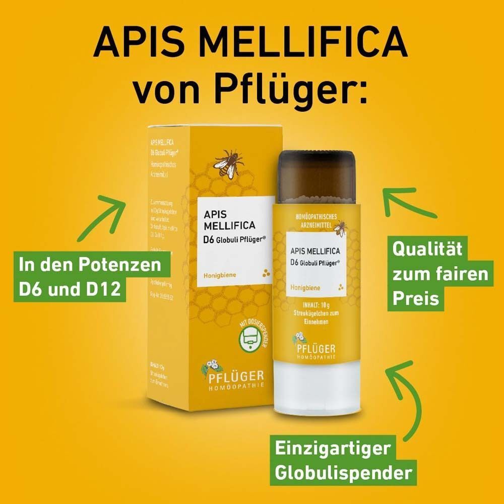 Apis mellifica D6 Globuli Pflüger® mit Pfeilen und Text. In den Potenzen D6 und D12, Qualität zum fairen Preis.