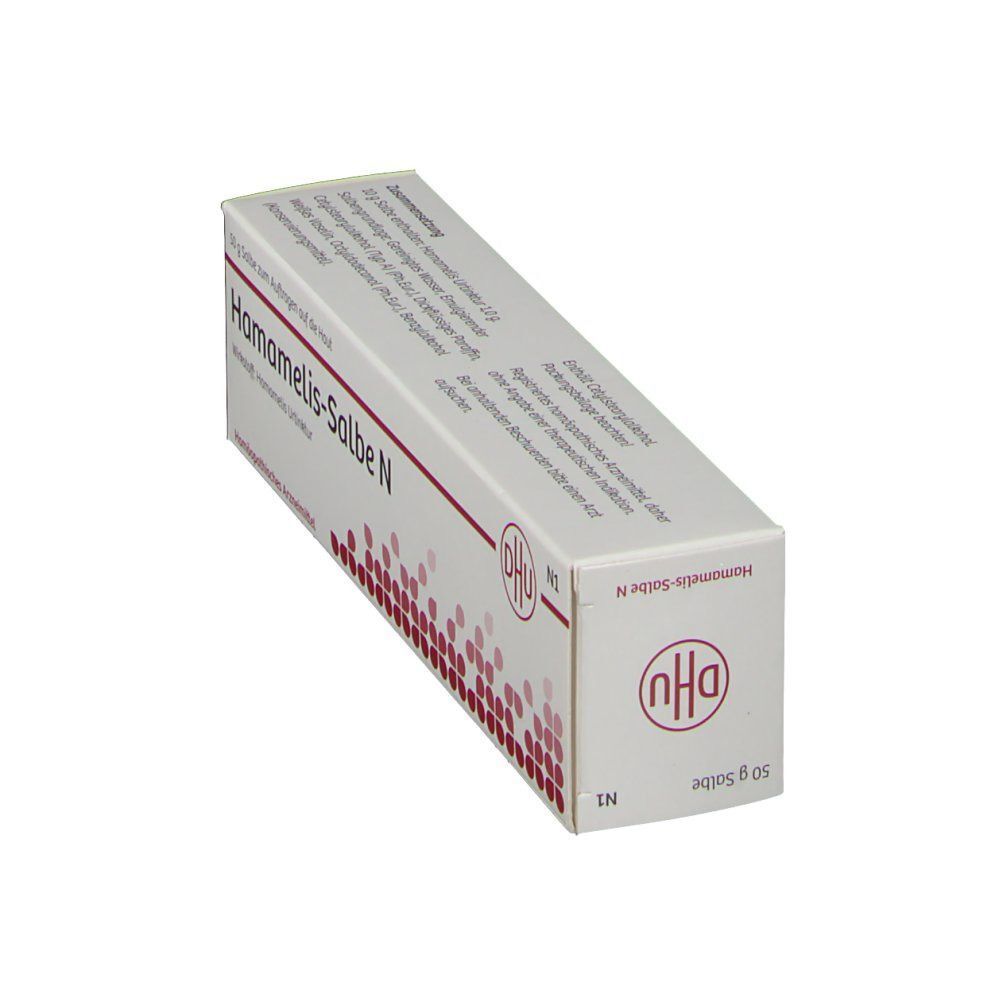 Schachtel DHU Hamamelis-Salbe N. Weiße Verpackung mit roter Schrift und Logo. Text: 50 g Salbe, Hamamelis-Salbe N.