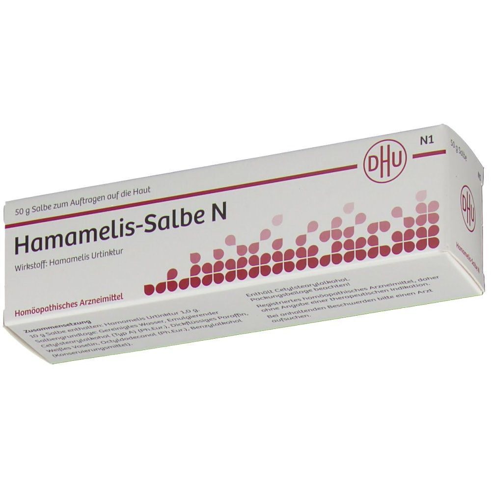 Schachtel DHU Hamamelis-Salbe N. Weiße Verpackung mit roter Schrift und Logo. Text: 50 g Salbe, Hamamelis-Salbe N.