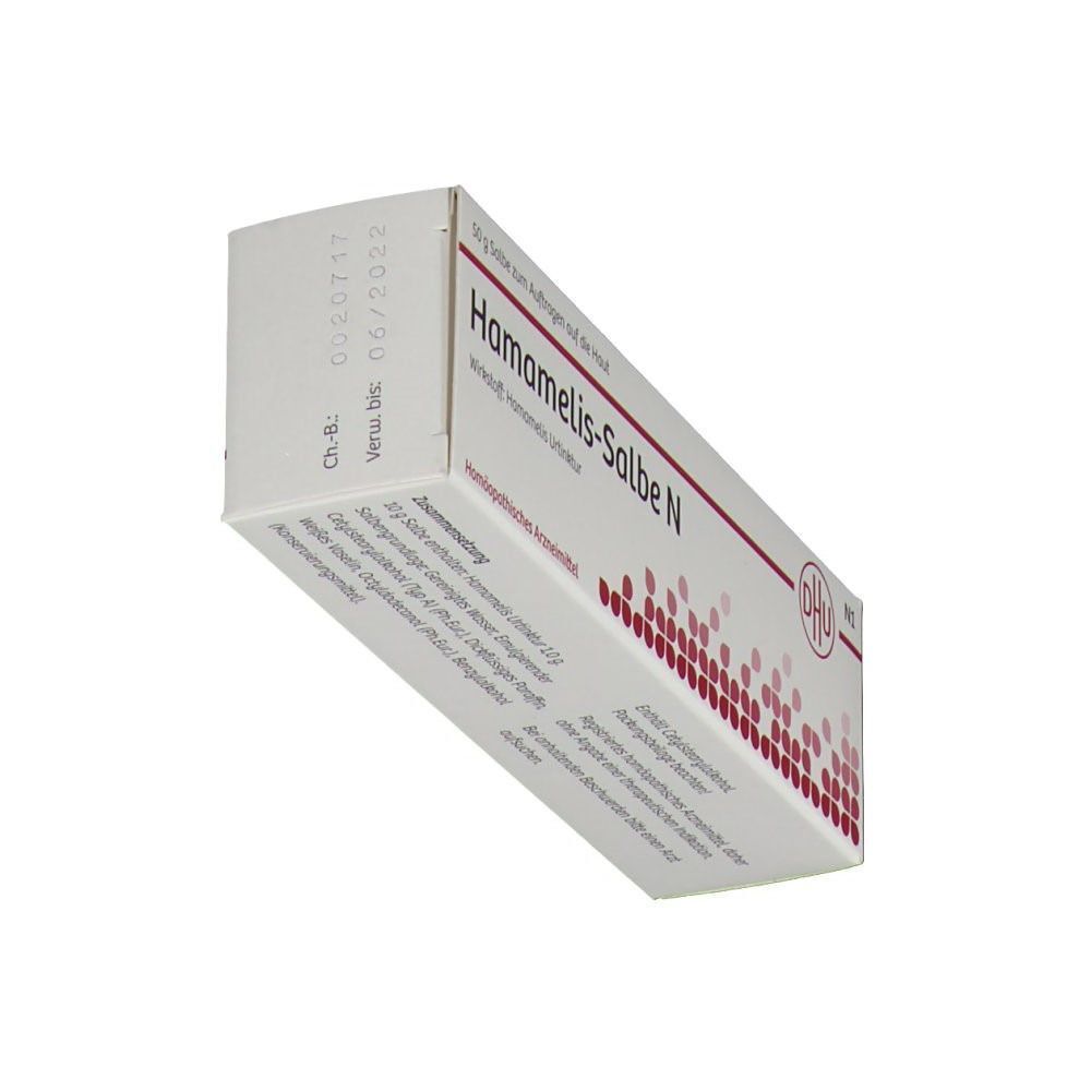 Schachtel DHU Hamamelis-Salbe N. Weiße Verpackung mit roter Schrift und Logo. Text: 50 g Salbe, Hamamelis-Salbe N.