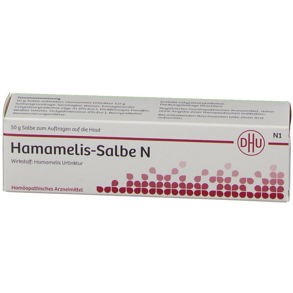 Schachtel DHU Hamamelis-Salbe N. Weiße Verpackung mit roter Schrift und Logo. Text: 50 g Salbe, Hamamelis-Salbe N.