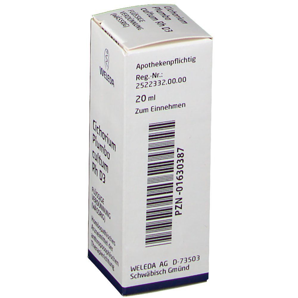 Weiße Produktverpackung mit Text: Cichorium Plumbo cultum Rh D3, WELEDA-Logo, Apothekenpflichtig, PZN-Code und 20 ml.