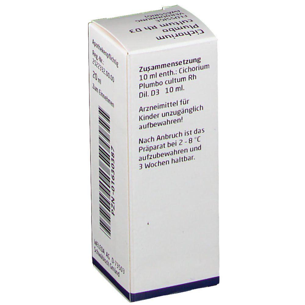 Weiße Produktverpackung mit Text: Cichorium Plumbo cultum Rh D3, 10 ml Inhalt, Hinweise zur Aufbewahrung und Haltbarkeit.