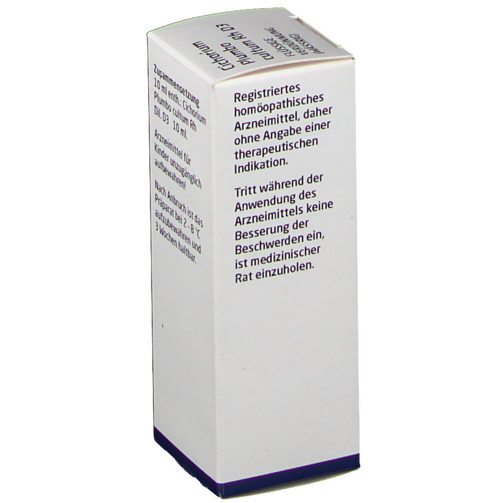 Weiße Produktverpackung mit Text: Cichorium Plumbo cultum Rh D3, Hinweise zur Anwendung und homöopathische Angaben.