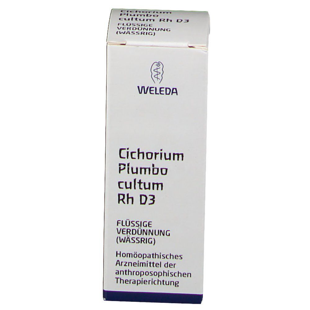 Weiße Produktverpackung mit Text: Cichorium Plumbo cultum Rh D3, WELEDA-Logo und homöopathische Angaben.