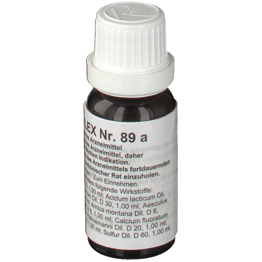 Braune Glasflasche mit weißem Deckel. Aufschrift: REGENAPLEX Nr. 89 a. Homöopathisches Arzneimittel.
