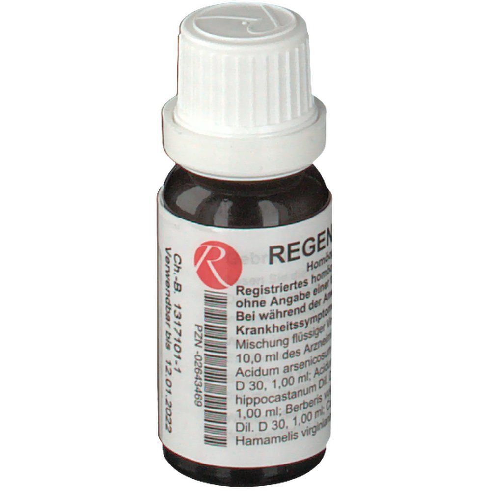 Braune Glasflasche mit weißem Deckel. Rotes Logo. Aufschrift: REGENAPLEX. Etikett mit Informationen.
