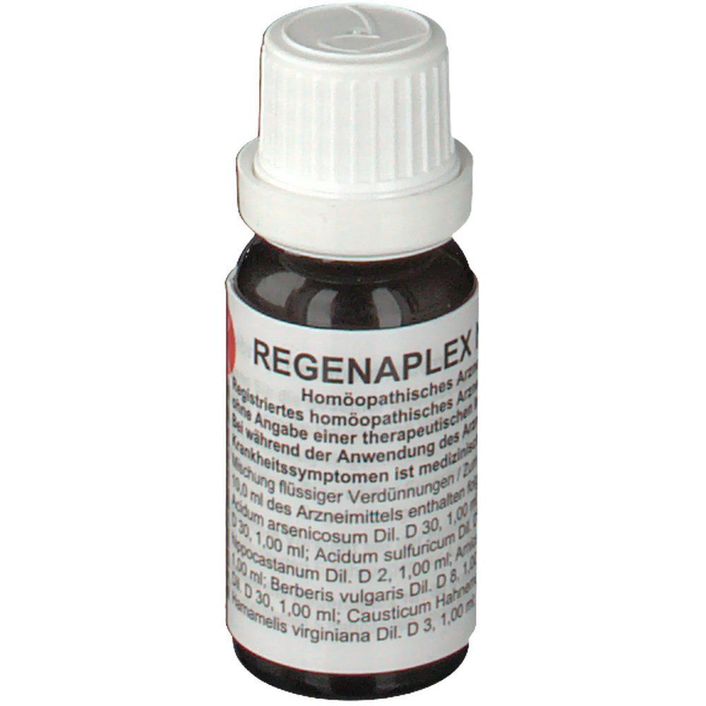 Braune Glasflasche mit weißem Deckel. Aufschrift: REGENAPLEX. Etikett mit Informationen.