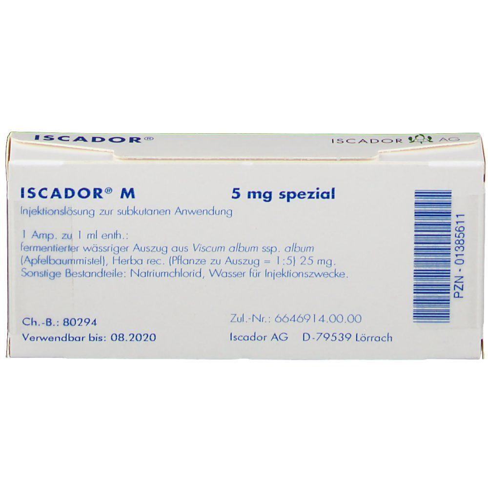 Weiße Schachtel mit blauer Schrift. Oben steht ISCADOR® M 5 mg spezial. Text zu Inhaltsstoffen und Anwendung. Barcode und Logo.