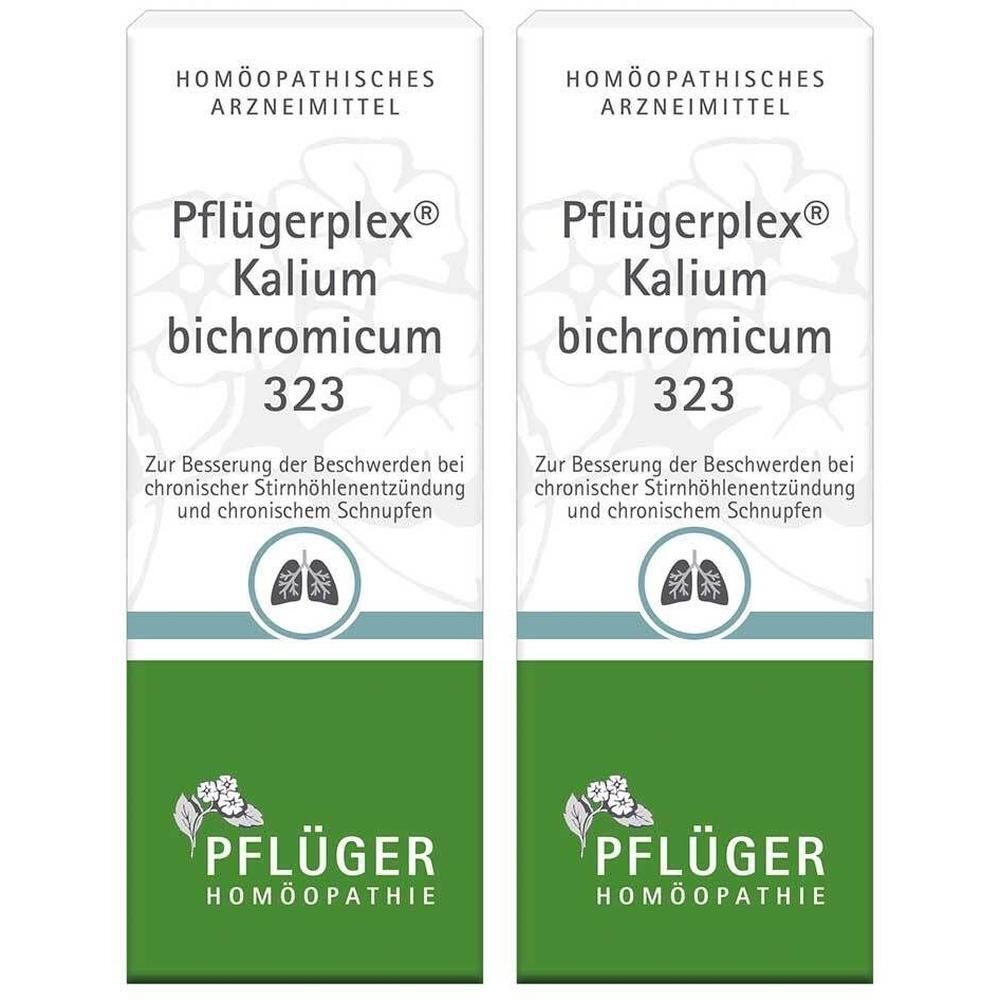 Zwei Packungen Pflügerplex® Kalium bichromicum 323. Weiße Schrift auf grünem Grund. Text: Homöopathisches Arzneimittel, Pflüger Homöopathie.