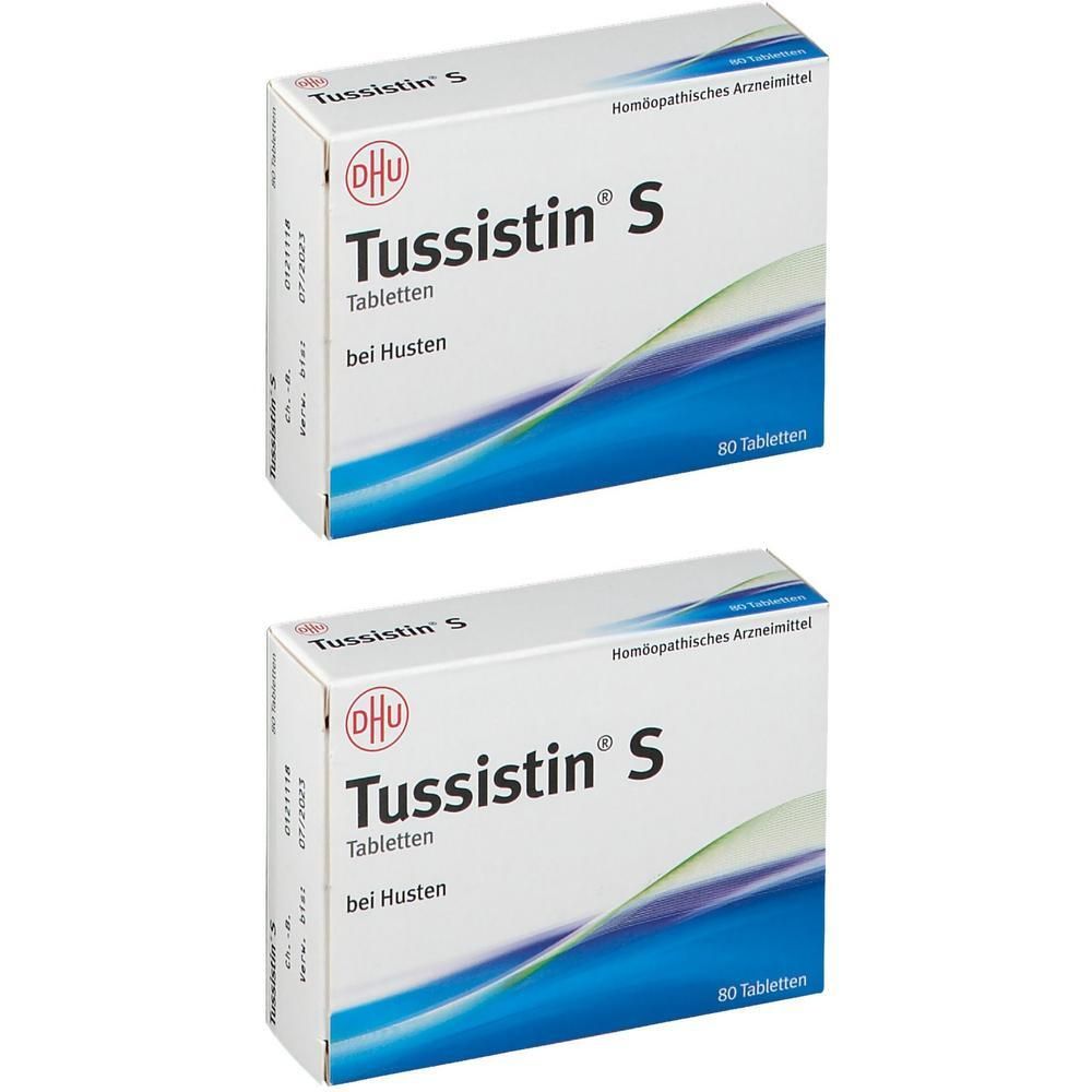 Zwei Schachteln Tussistin S Tabletten. Aufschrift: Tabletten bei Husten. Oben rechts: 80 Tabletten.