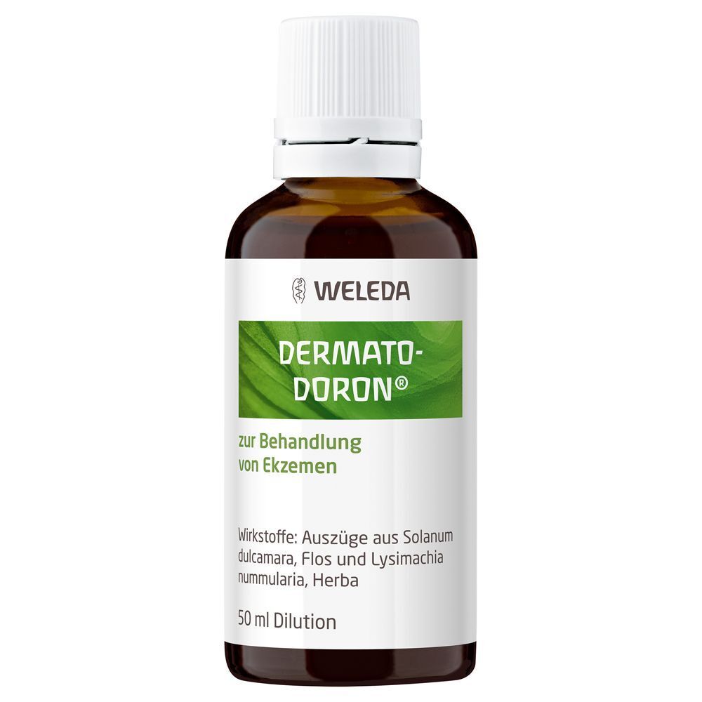 Eine Dermatodoron® Flasche. Braune Glasflasche mit weißem Deckel und Etikett. Etikett mit Produktnamen, Herstellerlogo und Inhaltsangaben.