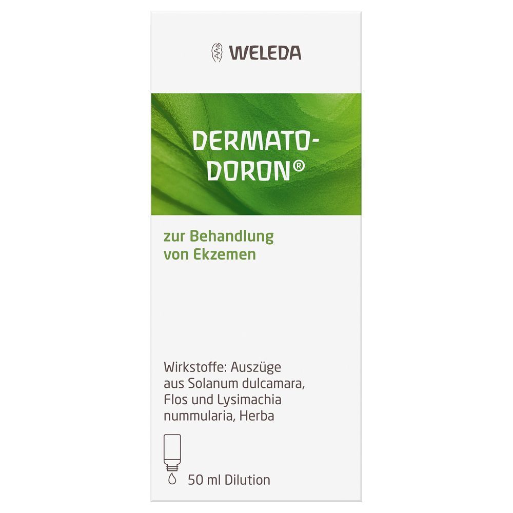 Dermatodoron® Verpackung. Weiße Schachtel mit grünem Blattmuster und Produktnamen. Enthält Informationen zur Behandlung von Ekzemen und Inhaltsstoffe.