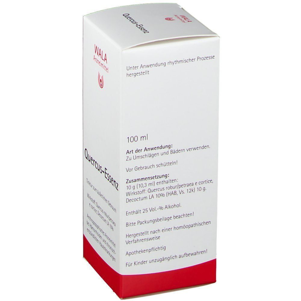 Weißer Karton mit rotem Boden. Aufschrift: Wala Arzneimittel, Quercus-Essenz. Text: 100 ml, Tinktur zum äußerlichen Gebrauch.
