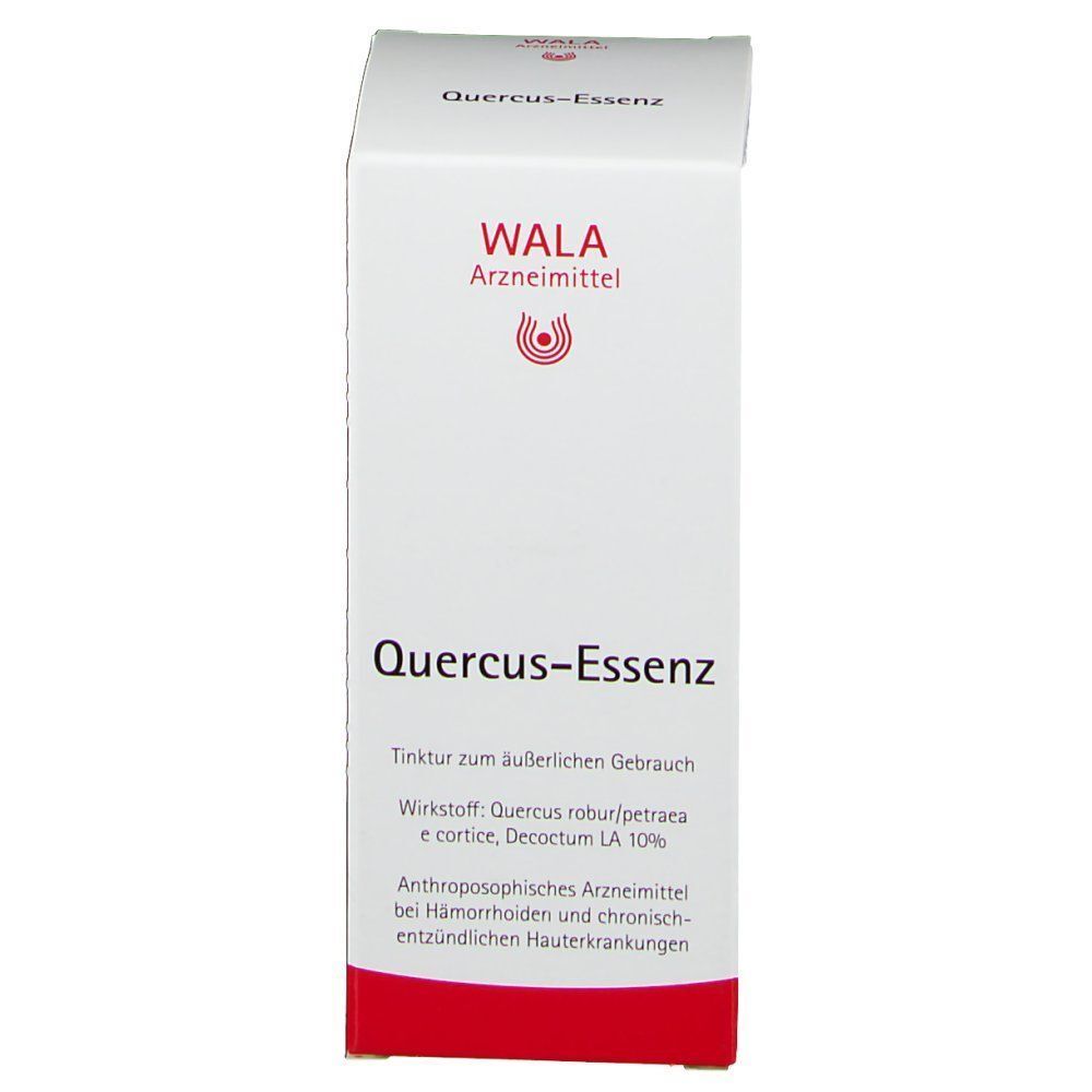Weißer Karton mit rotem Boden. Aufschrift: Wala Arzneimittel, Quercus-Essenz. Text: Tinktur zum äußerlichen Gebrauch.