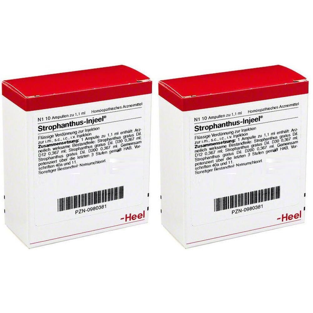 Zwei weiße Kartons mit rotem Deckel. Aufschrift: Strophanthus-Injeel. Barcode und Heel-Logo. Homöopathisches Arzneimittel.