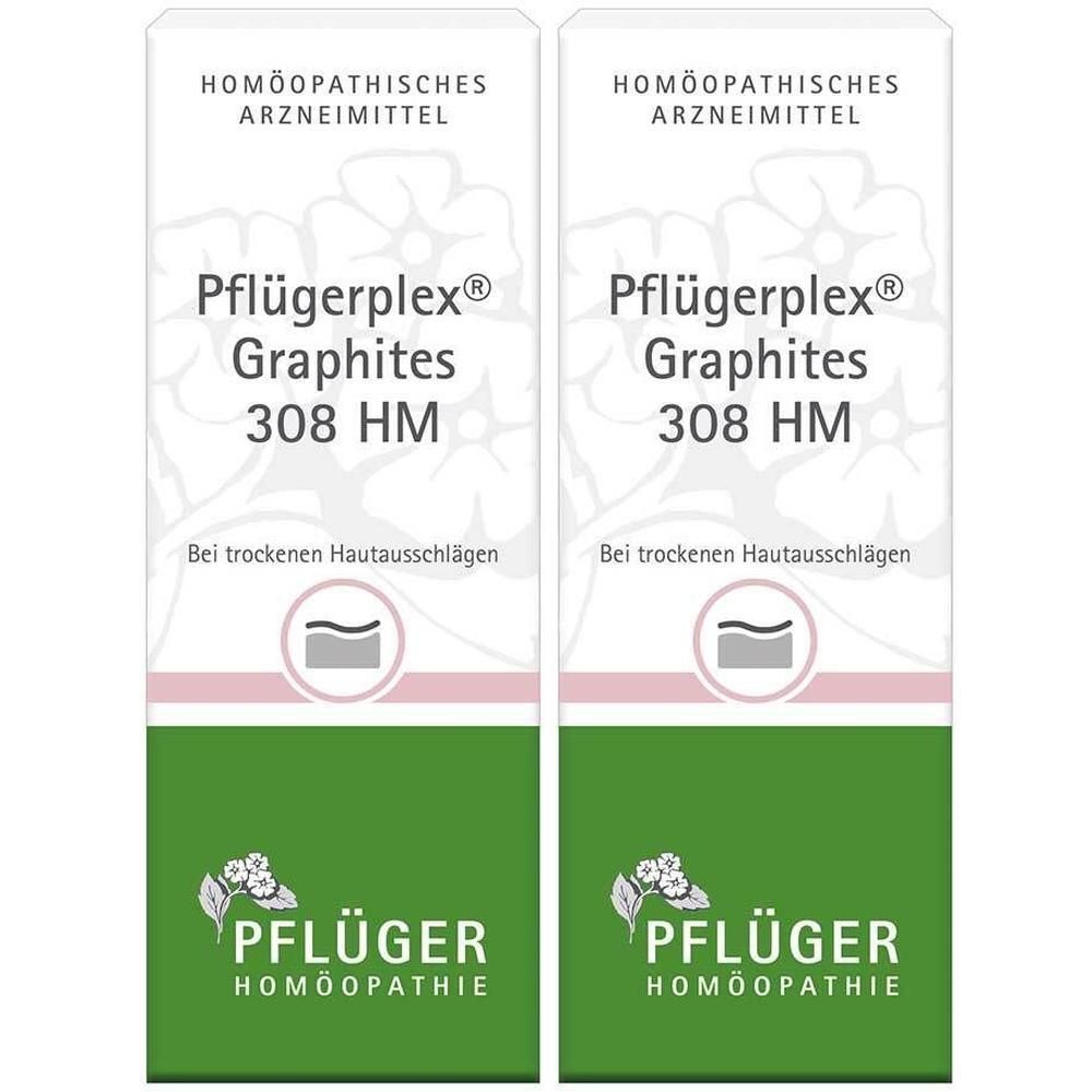 Zwei Packungen Pflügerplex® Graphites 308 HM. Weiße Oberseite mit Produktnamen und grüner Unterseite. Text: Bei trockenen Hautausschlägen.