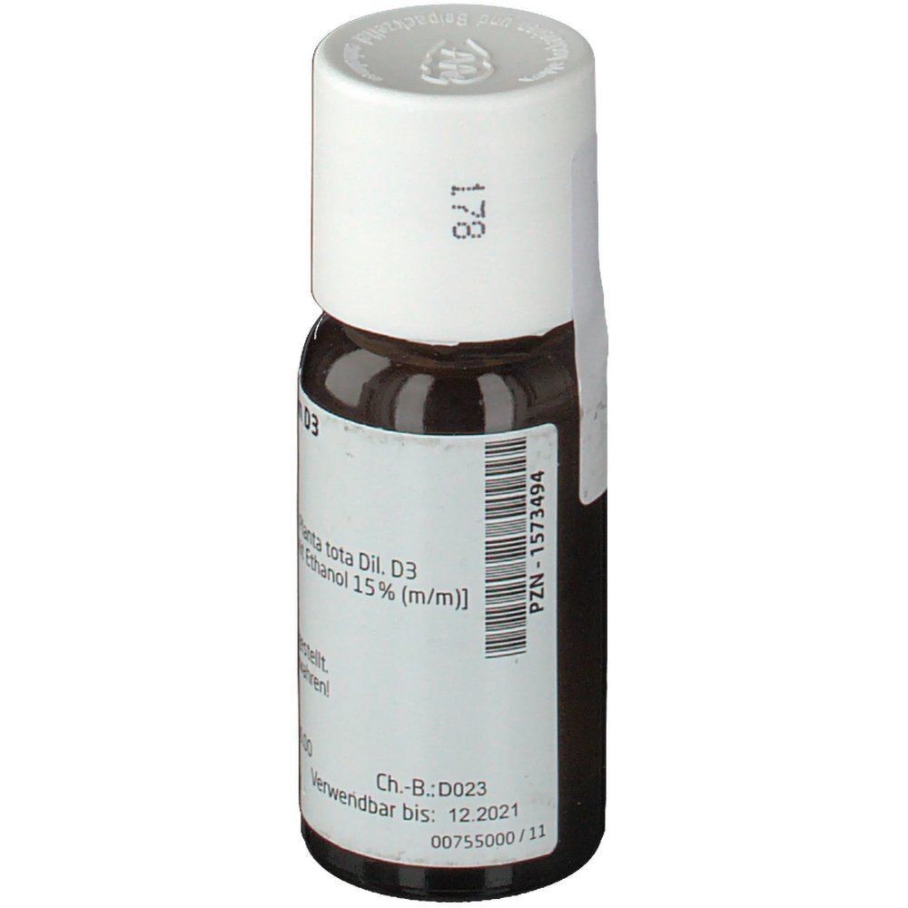 Braunglasfläschchen Taraxacum Stanno Cultum D3 mit weißem Deckel und Etikett. Etikett mit Produktinformationen und PZN-Code.