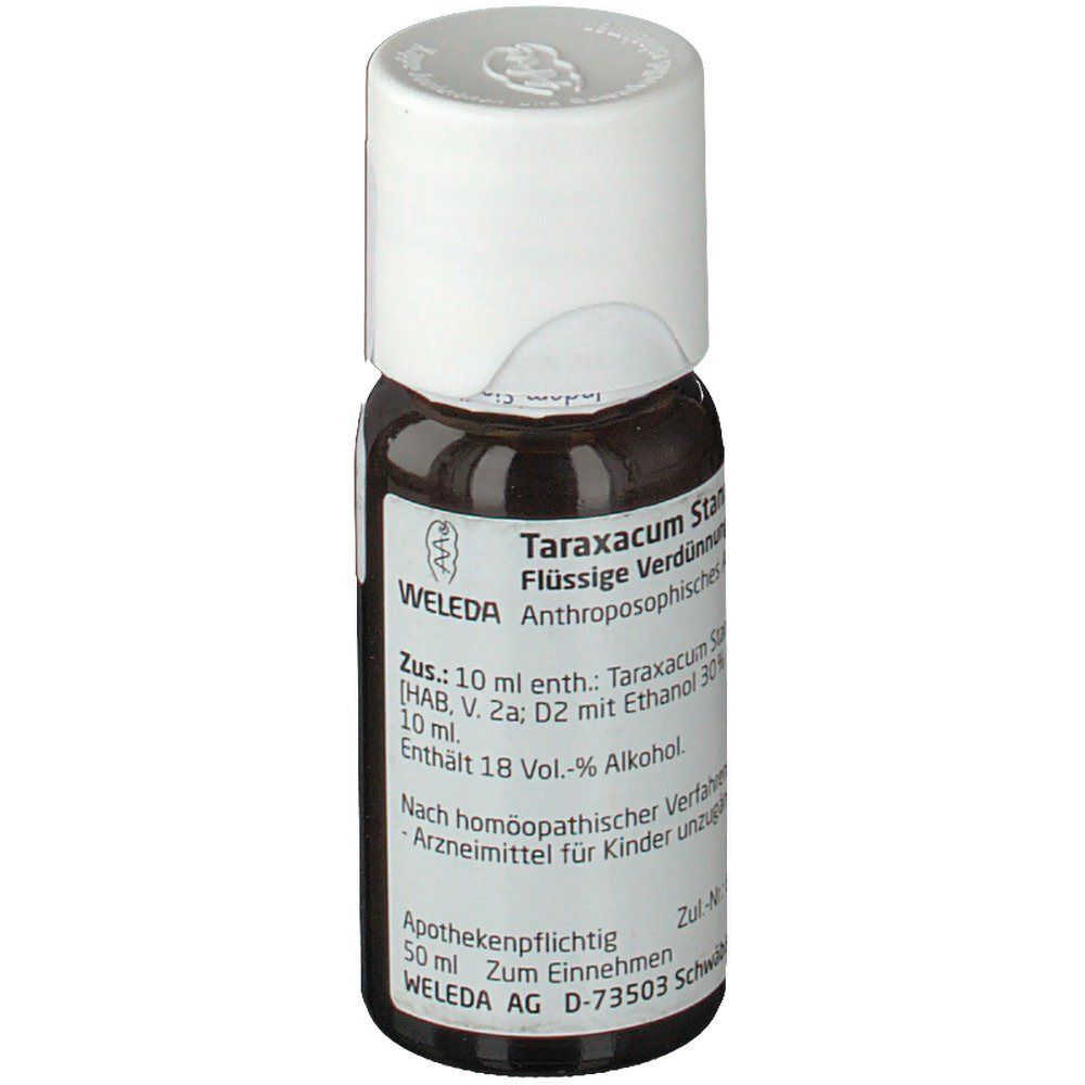 Braunglasfläschchen Taraxacum Stanno Cultum D3 mit weißem Deckel und Etikett. Aufschrift: WELEDA. Produktbezeichnung und weitere Informationen.