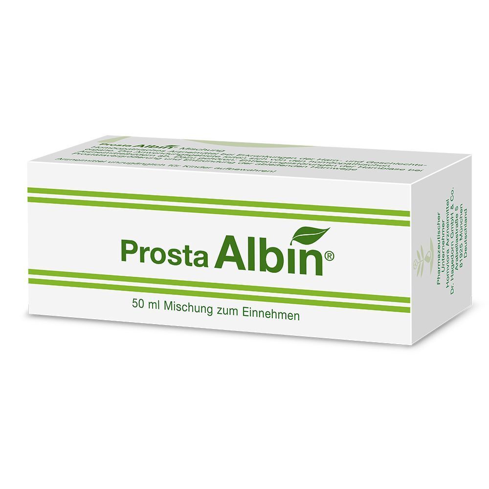 Weiße Schachtel mit grünem Logo und Schriftzug Prosta Albin®. Text: 50 ml Mischung zum Einnehmen.