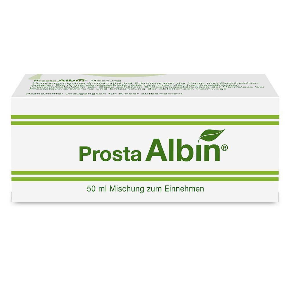 Weiße Schachtel mit grünem Logo und Schriftzug Prosta Albin®. Text: 50 ml Mischung zum Einnehmen.