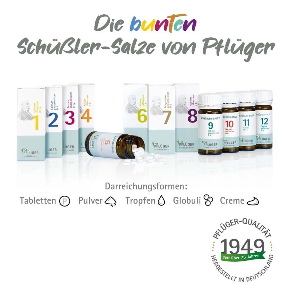 Globuli und Verpackungen mit Aufdrucken. Aufschrift: "Die bunten Schüßler-Salze von Pflüger". Qualitätszeichen "Pflüger-Qualität 1949".