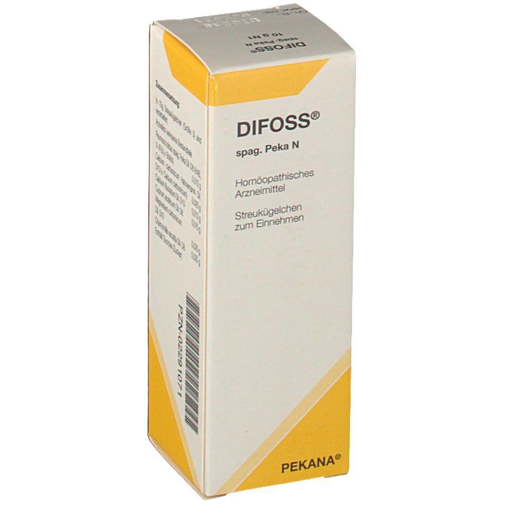 Schachtel mit Aufschrift: DIFOSS spag. Peka N, homöopathisches Arzneimittel, Streukügelchen zum Einnehmen. PEKANA.