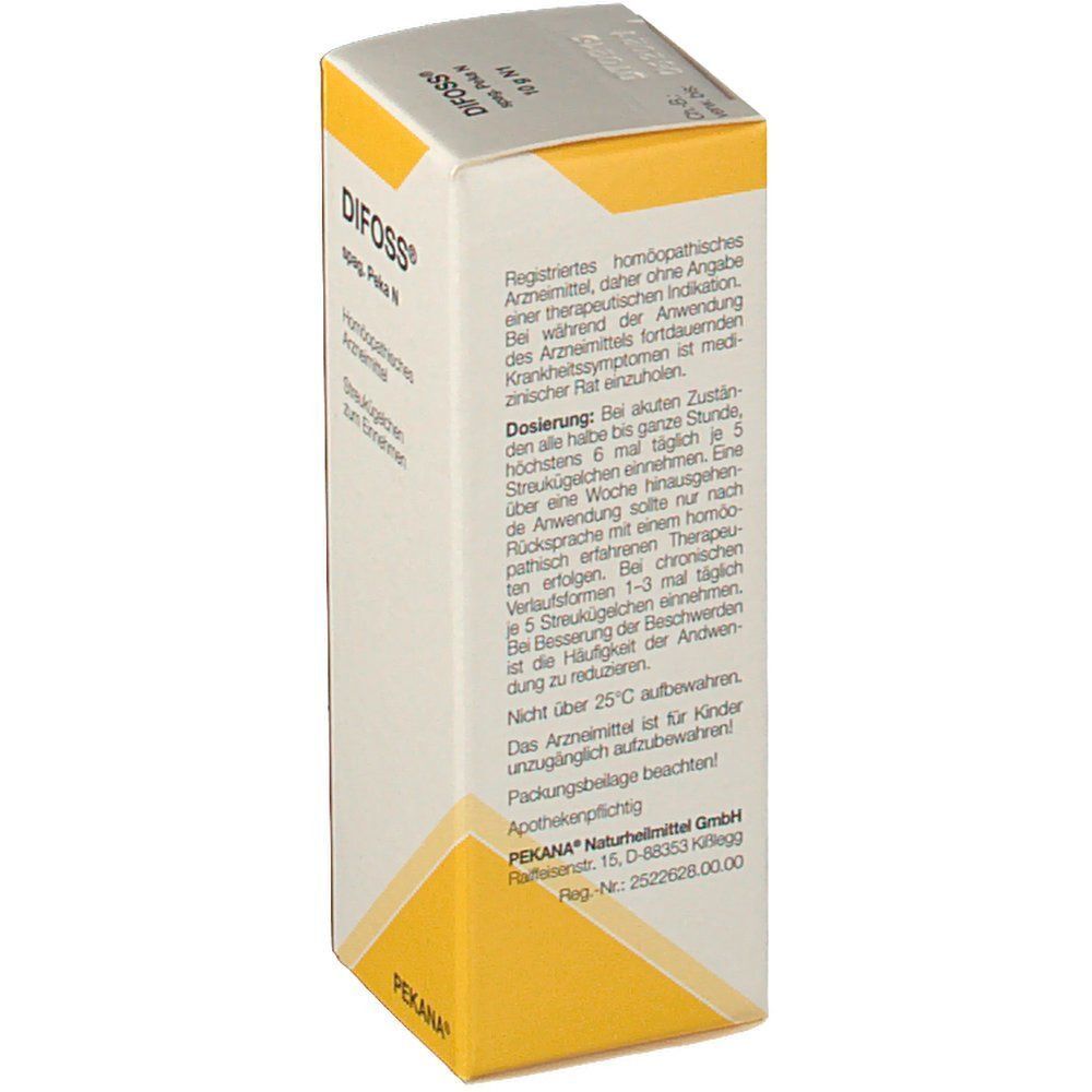 Rückseite der Schachtel. Text über Dosierung, Anwendung und Aufbewahrung. Apothekenpflichtig. PEKANA Naturheilmittel.