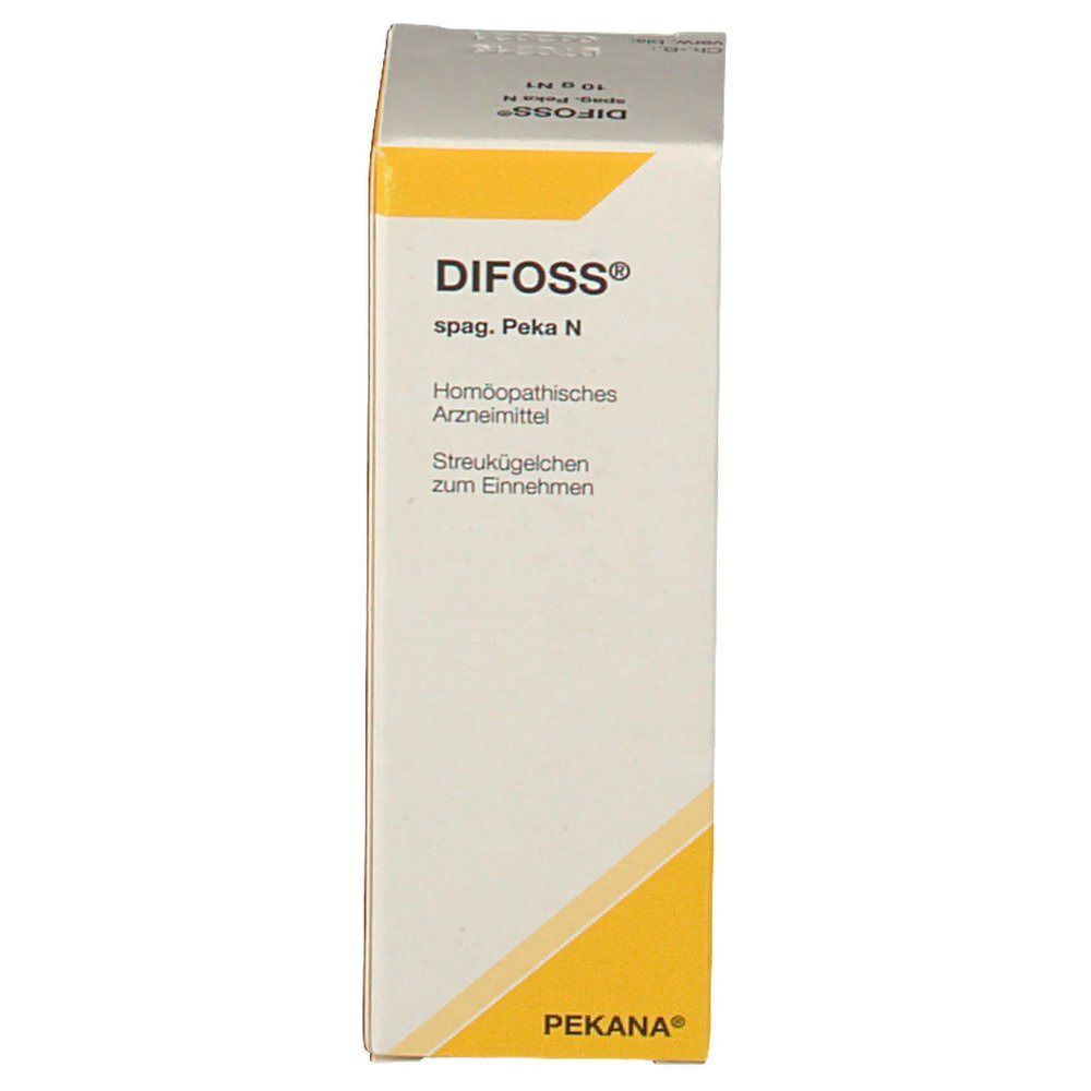 Schachtel mit Aufschrift: DIFOSS spag. Peka N, homöopathisches Arzneimittel, Streukügelchen zum Einnehmen. PEKANA.