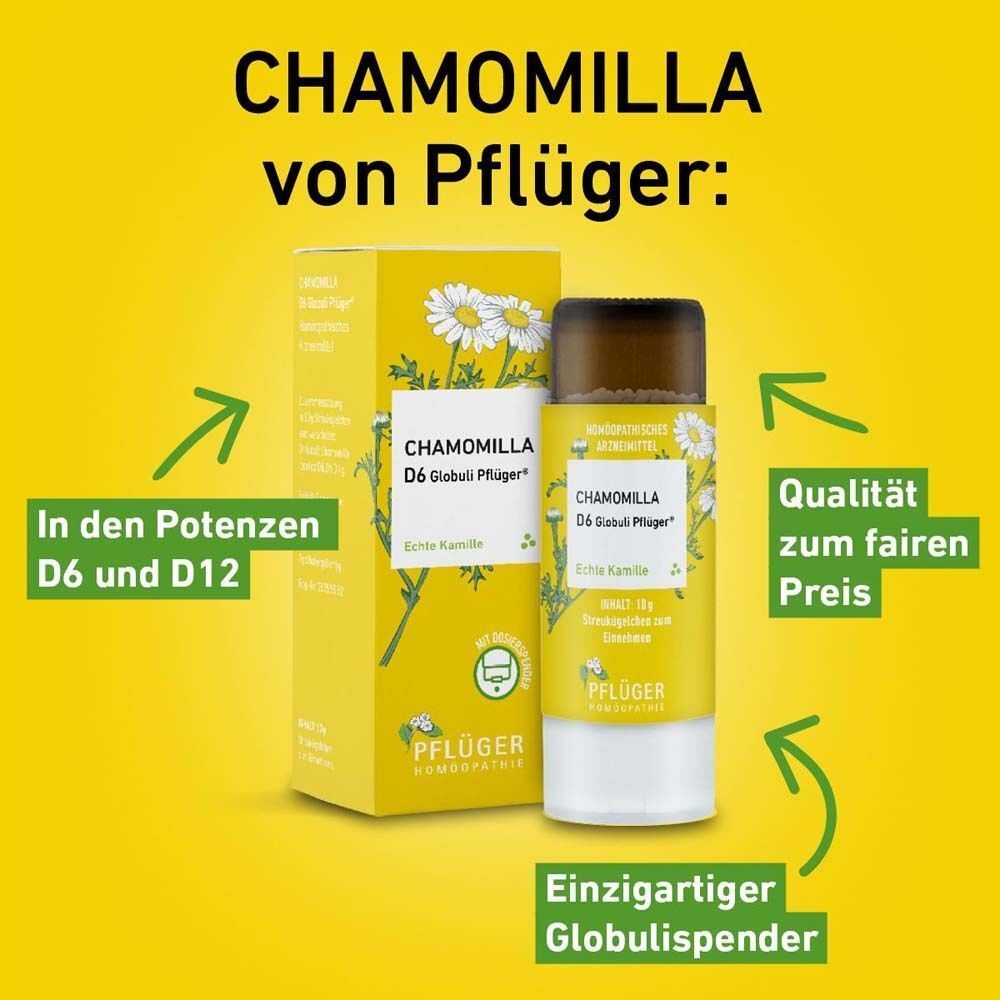 Chamomilla von Pflüger®: Globuli-Spender und Verpackung. Pfeile zeigen auf D6/D12, Qualität, und Globulis.