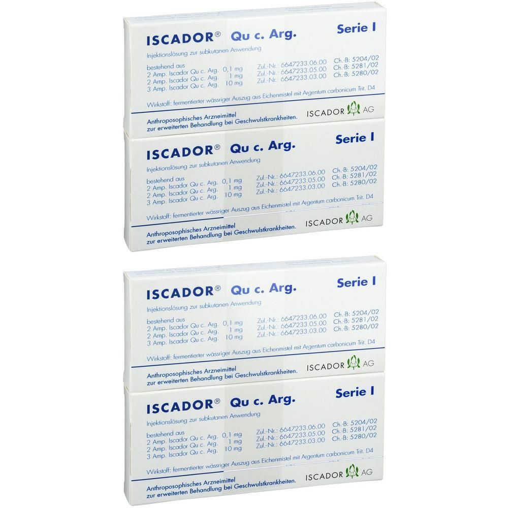 Mehrere Kartons ISCADOR Qu c. Arg. Serie I. Weiße Verpackung mit blauer und schwarzer Schrift. Anthroposophisches Arzneimittel.