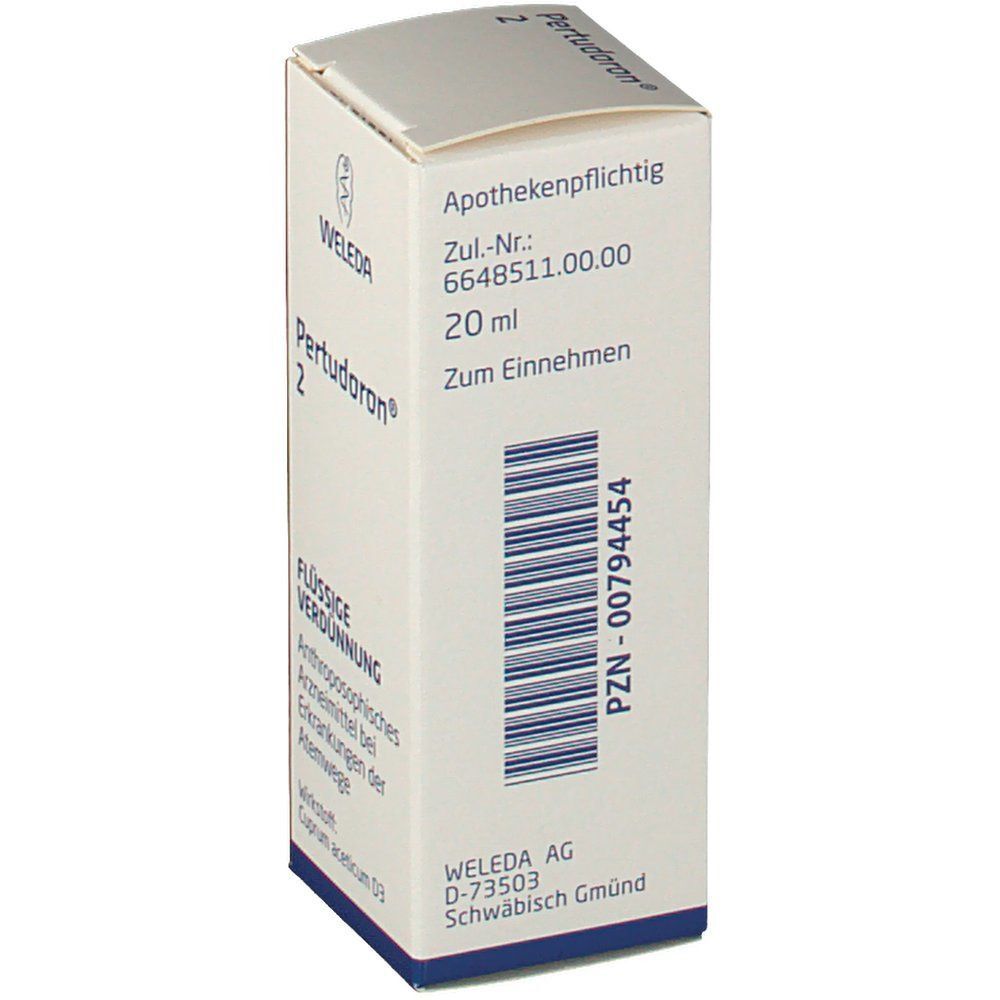 Weiße Schachtel mit Pertudoron 2 und Weleda-Logo. Text: Flüssige Verdünnung. Apothekenpflichtig. 20 ml. PZN-00794454.