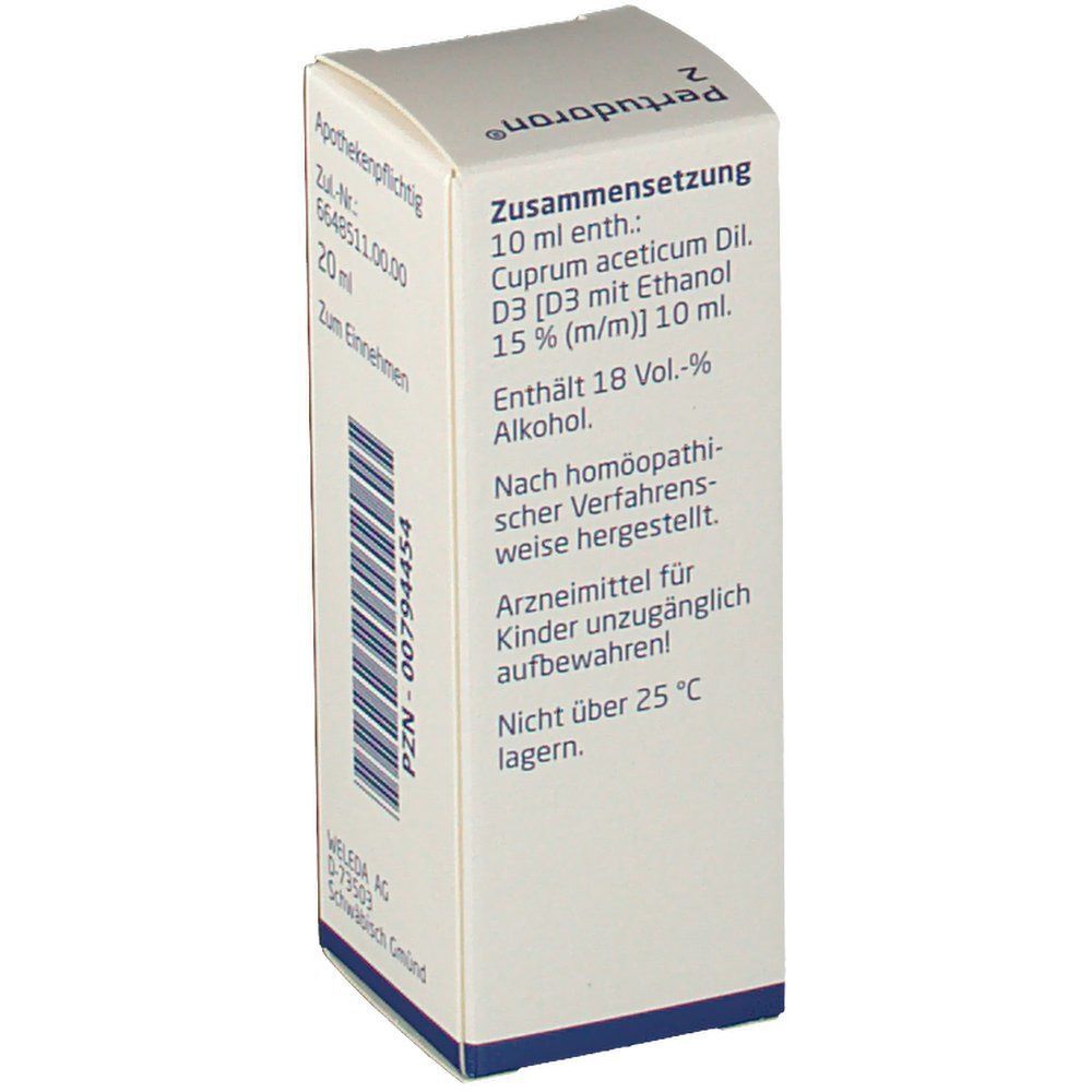 Weiße Schachtel mit Text: Zusammensetzung, 10 ml enth.: Cuprum aceticum Dil. D3. Enthält 18 Vol.-% Alkohol. Nicht über 25 °C lagern.