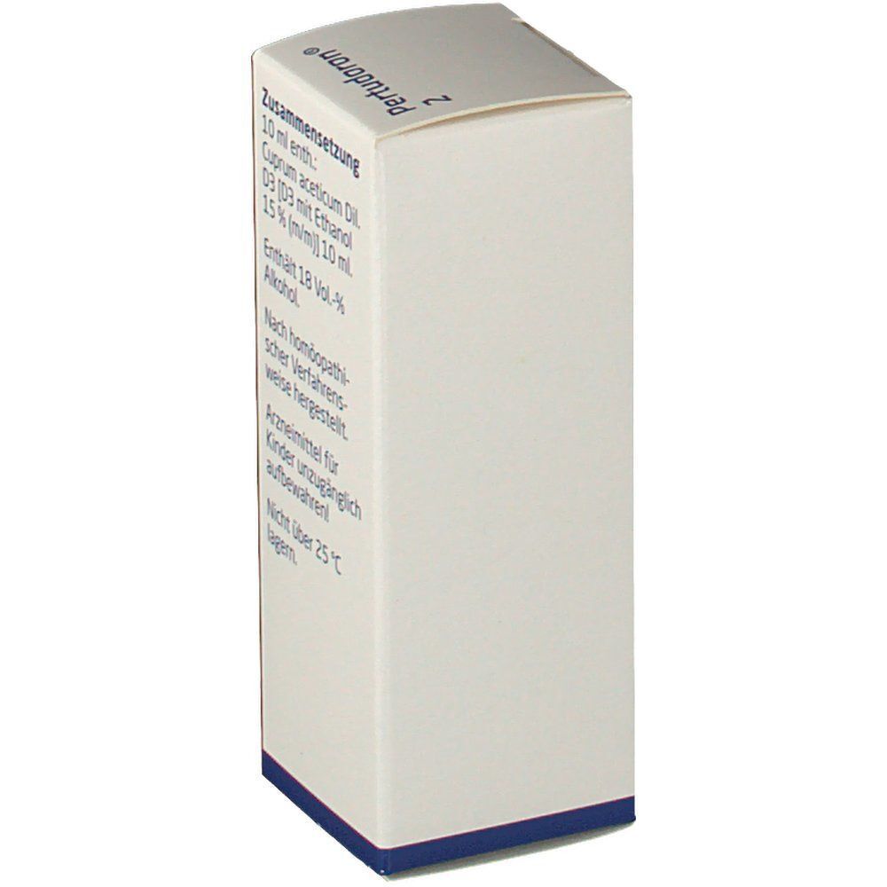 Weiße Schachtel mit Text: Zusammensetzung, 10 ml enth.: Cuprum aceticum Dil. D3. Enthält 18 Vol.-% Alkohol. Nicht über 25 °C lagern.