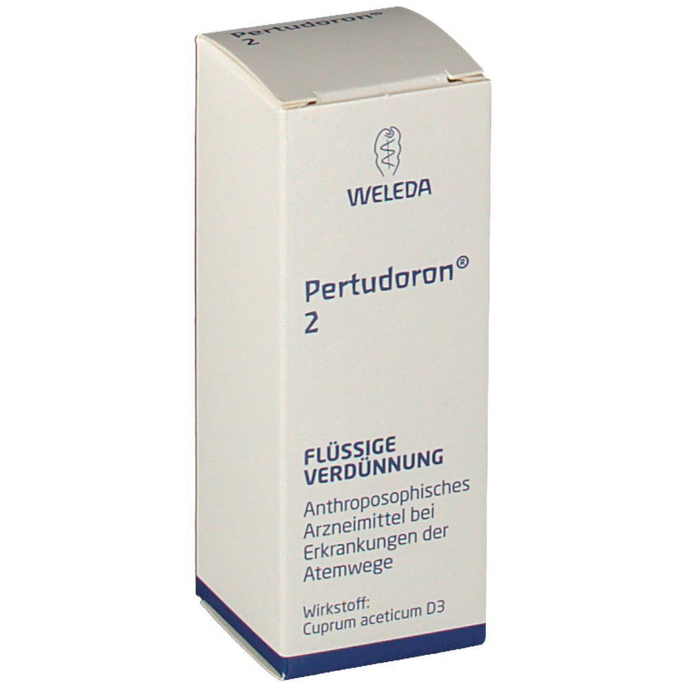 Weiße Schachtel mit Pertudoron 2 und Weleda-Logo. Text: Flüssige Verdünnung. Anthroposophisches Arzneimittel.