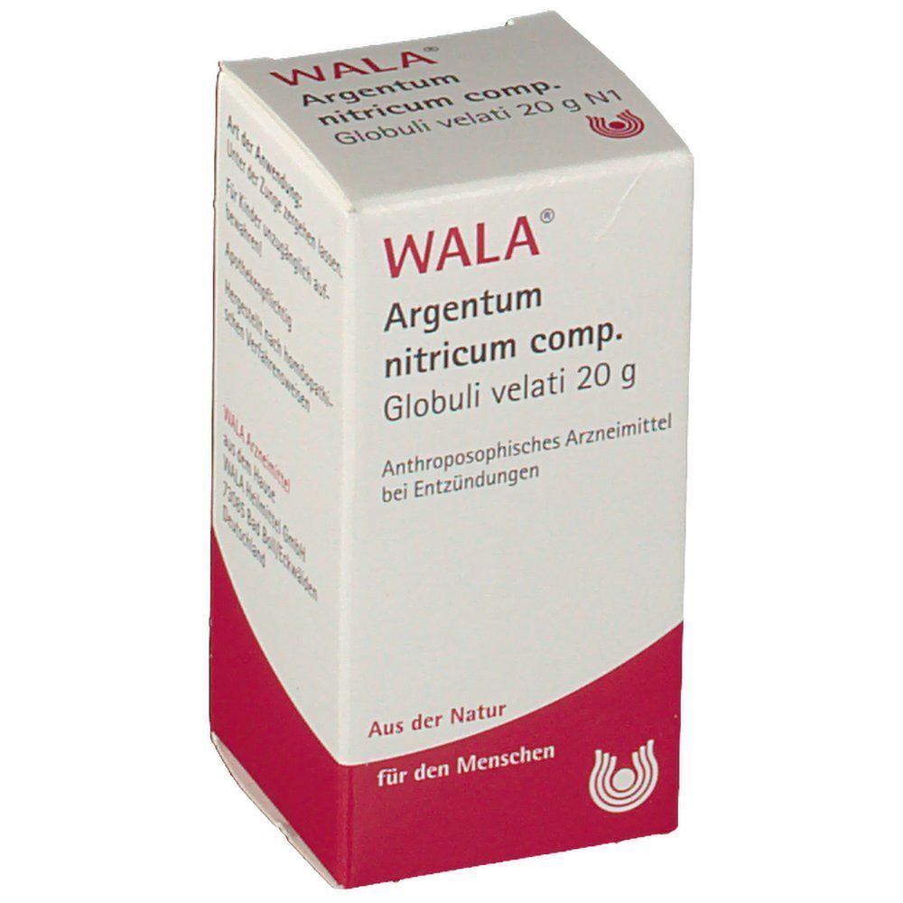 Weiße Faltschachtel mit rotem Design, WALA Argentum nitricum comp. Globuli velati 20 g.