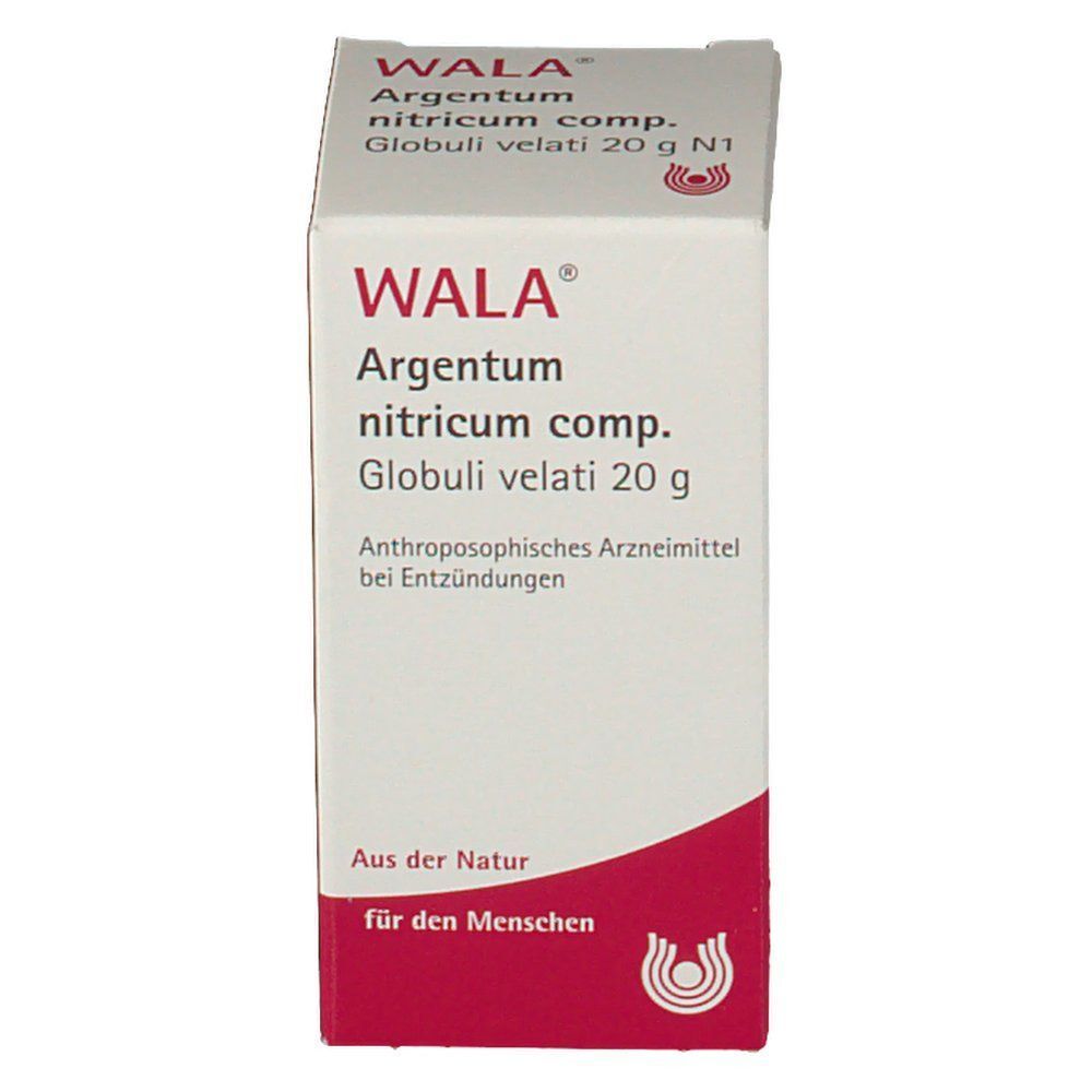 Vorderseite einer weißen Faltschachtel mit rotem Design, WALA Argentum nitricum comp. Globuli.