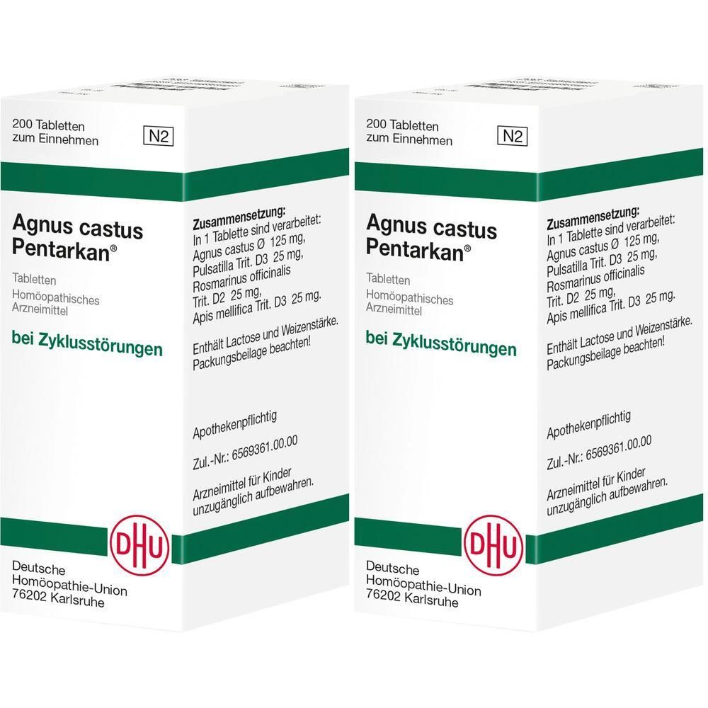 Zwei Packungen Agnus castus Pentarkan Tabletten, 200 Stück pro Packung. Deutsche Homöopathie-Union.