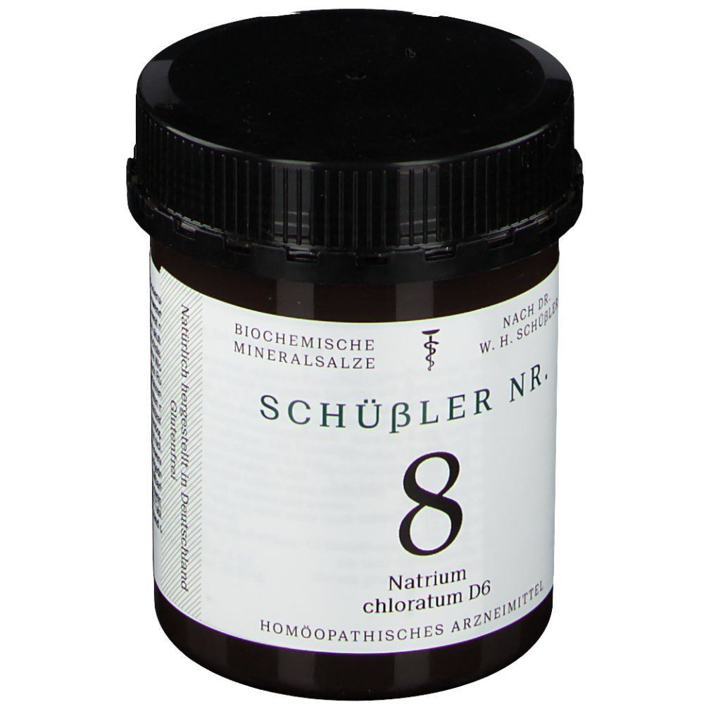 Braunglasbehälter mit schwarzem Schraubverschluss, beschriftet mit Schüssler Nr. 8 Natrium chloratum D6.