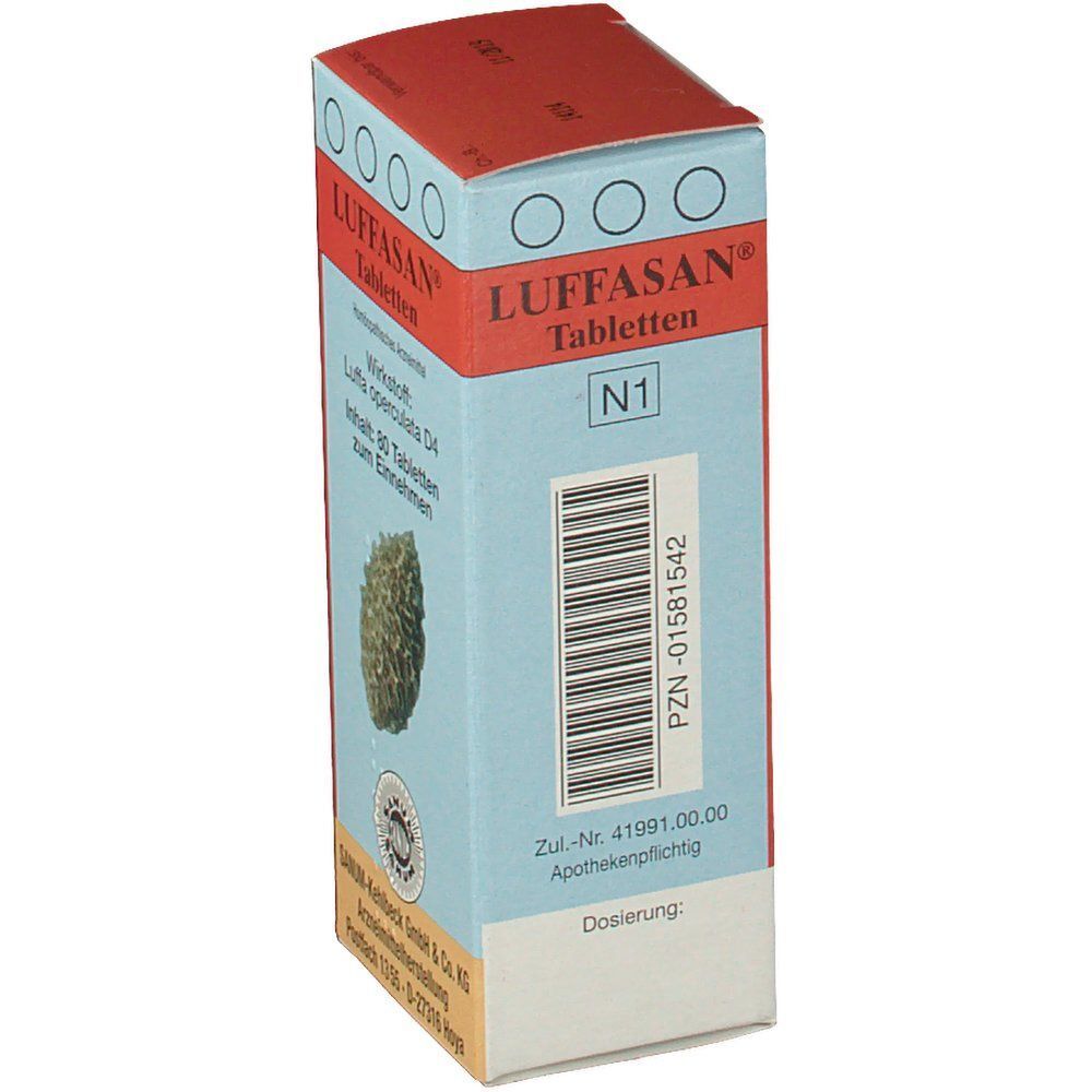 Eine Packung Luffasan Tabletten, 80 Tabletten, mit PZN und Luffa operculata Abbildung.