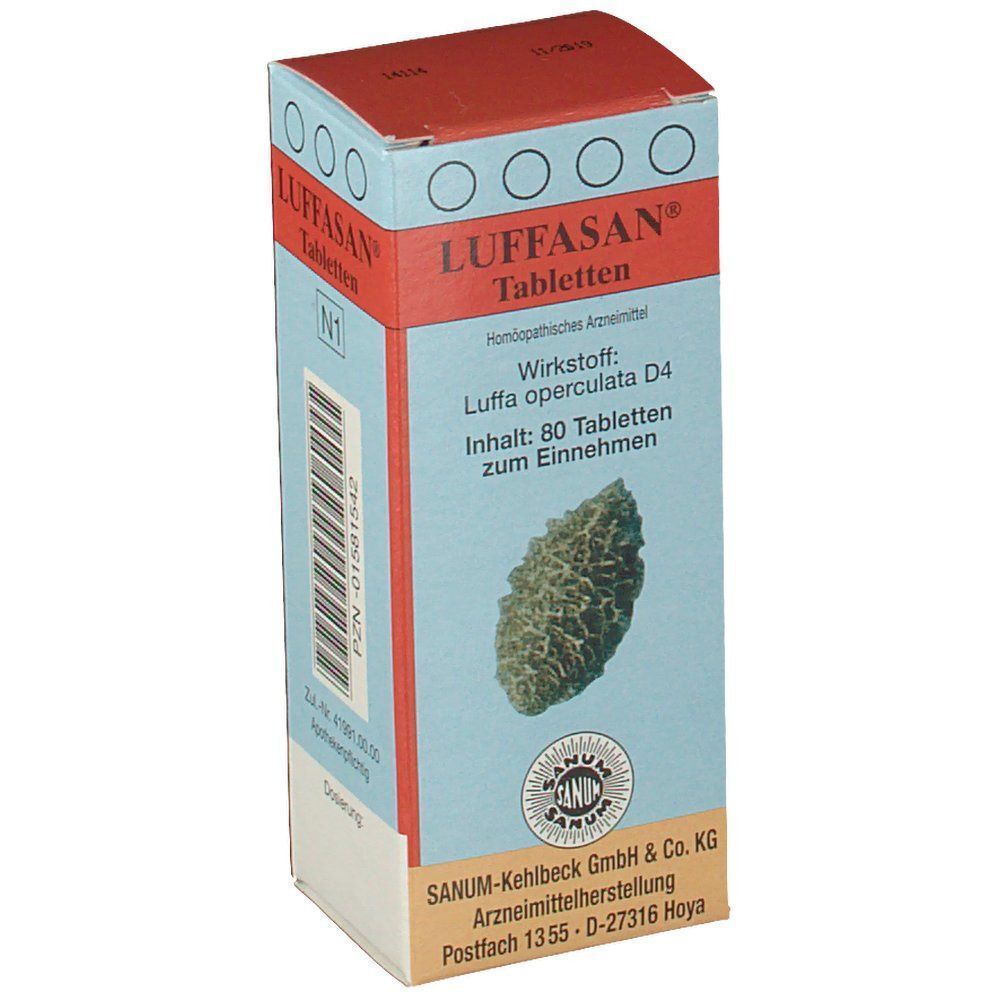 Eine Packung Luffasan Tabletten, 80 Tabletten, mit Luffa operculata Abbildung.