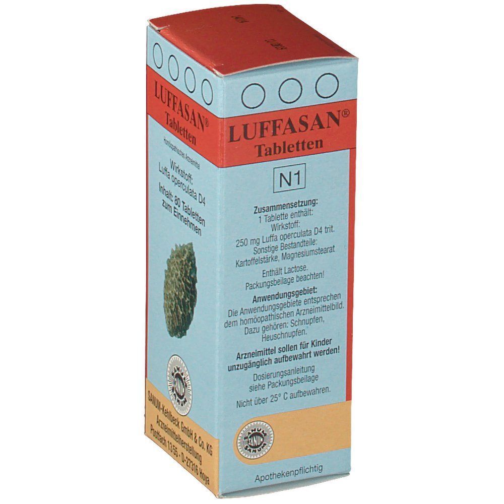 Rückseite einer Packung Luffasan Tabletten, mit Inhaltsstoffen und Anwendungshinweisen.
